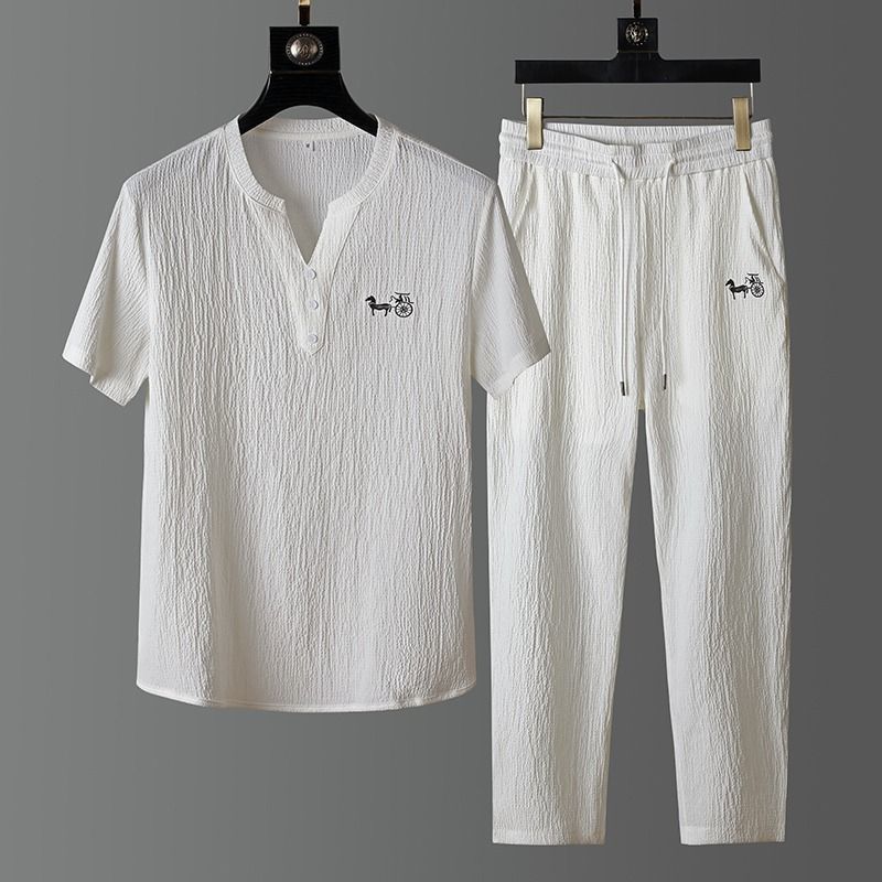 Men'S Fashion V Neck T Shirts - Nouvel ensemble tendance d'été en lin